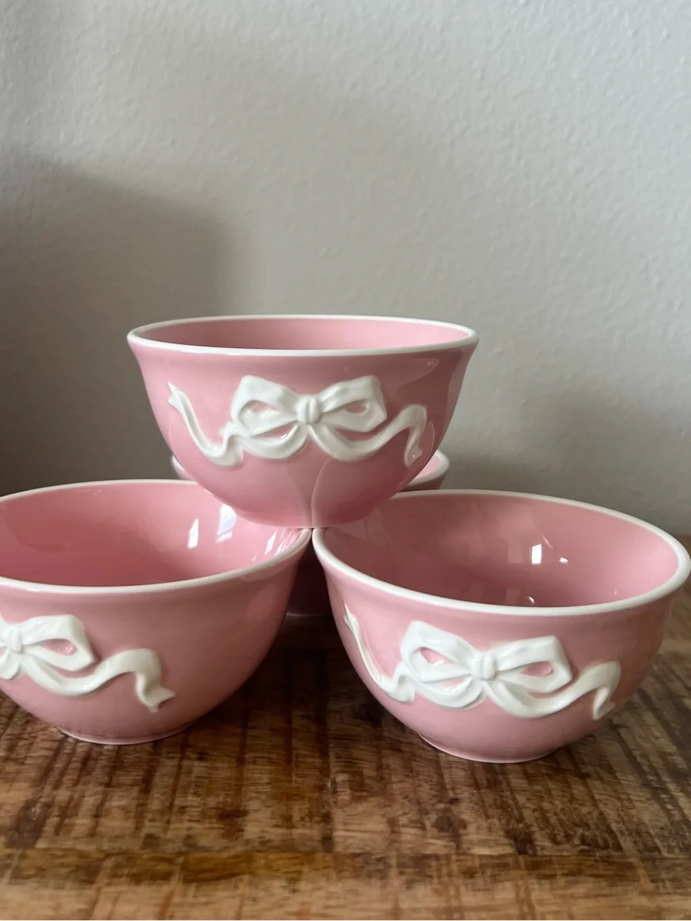 New 4pc Pink Bow Stoneware Small Bowl Set
